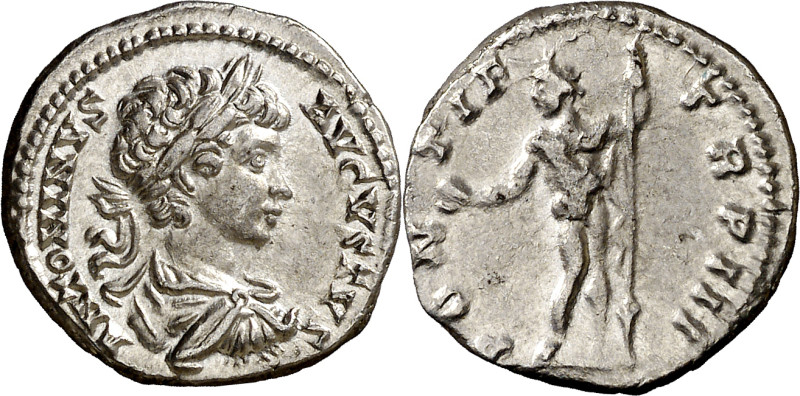(200 d.C.). Caracalla. Denario. (Spink 6857) (S. 413) (RIC. 30a). 3,05 g. EBC-/M...