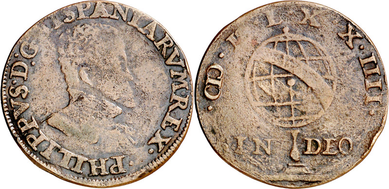 1574. Felipe II. Dordrecht. Jetón. (Dugniolle 2631). Raro. 3,87 g. BC+.