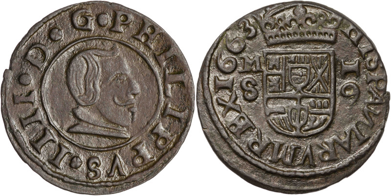 1663. Felipe IV. M (Madrid). S. 16 maravedís. (AC. 475). Sin puntos acotando el ...