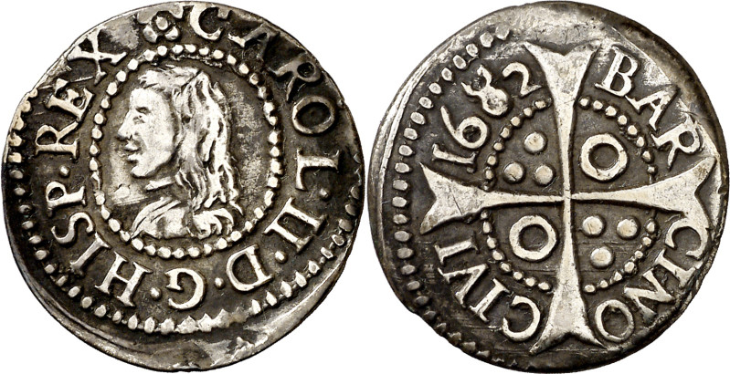 1682. Carlos II. Barcelona. 1 croat. (AC. 209) (Cru.C.G. 4904K). Roel en 2º y 3e...