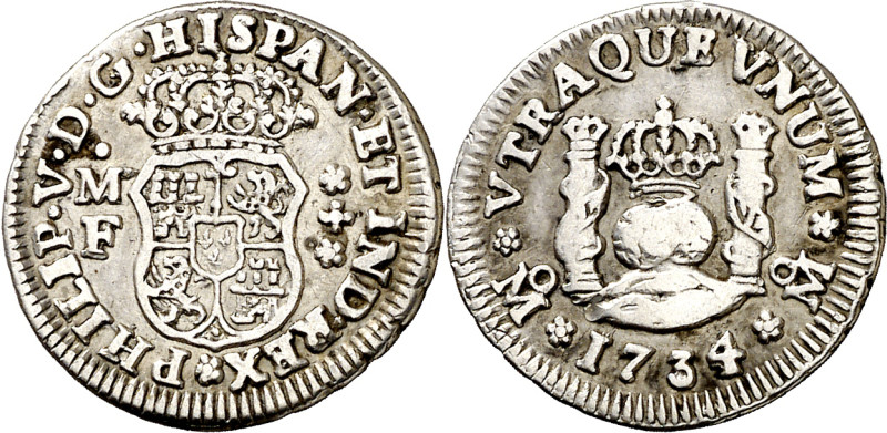 1734. Felipe V. México. MF. 1/2 real. (AC. 252). Columnario. 1,60 g. MBC/MBC-.