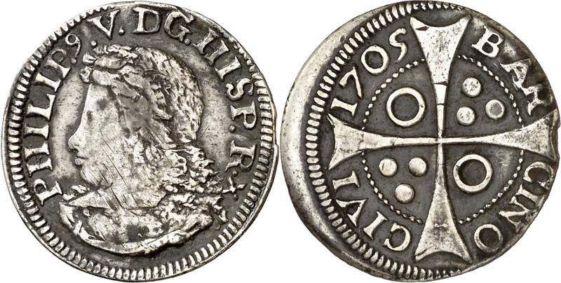 1705. Felipe V. Barcelona. 1 croat. (AC. 348). Roel en 1er y 4º cuartel. 2,45 g....