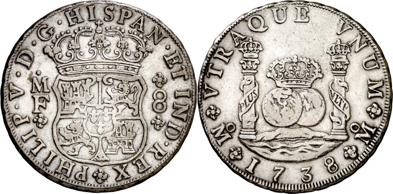 1738. Felipe V. México. MF. 8 reales. (AC. 1449). Columnario. 26,79 g. MBC/MBC-....