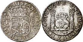 1743. Felipe V. México. M.F. 8 reales. (AC. 1463). Columnario. Limpiada. 26,22 g. MBC-.