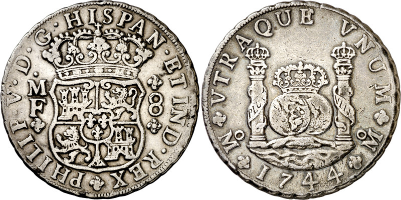 1744. Felipe V. México. MF. 8 reales. (AC. 1466). Columnario. 26,71 g. MBC.