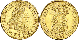 1741. Felipe V. Sevilla. PJ. 2 escudos. (AC. 1994). Sirvió como joya. Rara. 6,70 g. (MBC).