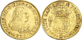 1736. Felipe V. México. MF. 4 escudos. (AC. 2039). Ex Áureo 21/05/1996, nº 675. Muy rara, sólo hemos tenido 6 ejemplares. 13,33 g. MBC-/MBC.