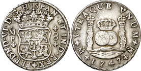 1747. Fernando VI. México. MF. 8 reales. (AC. 469). Columnario. 26,80 g. MBC+/MBC.