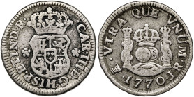 1770. Carlos III. Potosí. JR. 1/2 real. (AC. 237). Columnario. Escasa. 1,58 g. BC+.