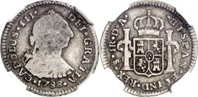 1788. Carlos III. Santiago. DA. 1 real. (AC. 526). En cápsula de la NGC como VG10, Nº 2892733-001. Colección Val y Mexía.. Rara. BC/BC+.