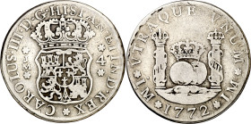 1772. Carlos III. Lima. JM. 4 reales. (AC. 830). Columnario. Punto sólo sobre la primera LMA. Escasa. 12,84 g. BC.