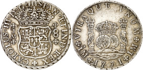 1771. Carlos III. Lima. JM. 8 reales. (AC. 1032). Columnario. Punto sobre la primera LMA. 27 g. MBC+/MBC.