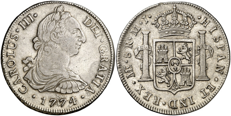 1774. Carlos III. Lima. MJ. 8 reales. (AC. 1040). Golpecitos en canto del revers...