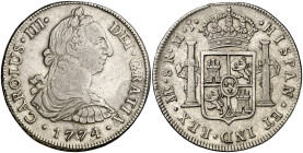 1774. Carlos III. Lima. MJ. 8 reales. (AC. 1040). Golpecitos en canto del reverso. Ex Áureo & Calicó 18/10/2017, nº 1598. 26,80 g. MBC/MBC+.