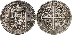 1762. Carlos III. Madrid. JP. 8 reales. (AC. 1061). Leves golpecitos. Pátina. Ex Áureo & Calicó 13/12/2017, nº1587. Rara. 26,91 g. MBC/MBC+.