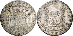 1760. Carlos III. México. MM. 8 reales. (AC. 1073). Columnario. Rayitas. 27,19 g. MBC+.