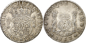 1763/2. Carlos III. México. MF. 8 reales. (AC. 1084). Columnario. Pequeñas punzonadas en reverso. 26,70 g. MBC.