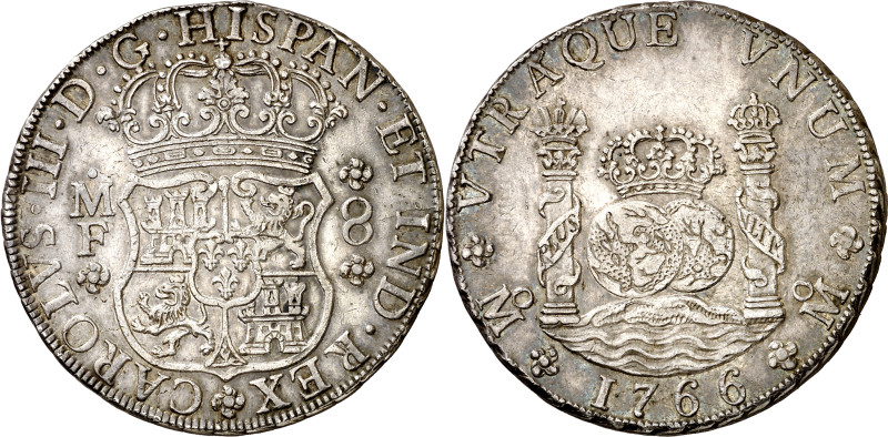 1766. Carlos III. México. MF. 8 reales. (AC. 1090). Columnario. 27 g. MBC+.