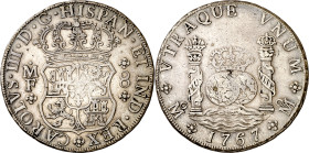 1767. Carlos III. México. MF. 8 reales. (AC. 1092). Columnario. 26,89 g. MBC/MBC-.