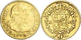 1773. Carlos III. Madrid. PJ. 1/2 escudo. (AC. 1258). Golpecito y rayitas. 1,75 g. MBC-.