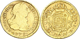 1777. Carlos III. Popayán. SF. 1 escudo. (AC. 1420) (Restrepo 54-10). 3,25 g. BC+/MBC-.