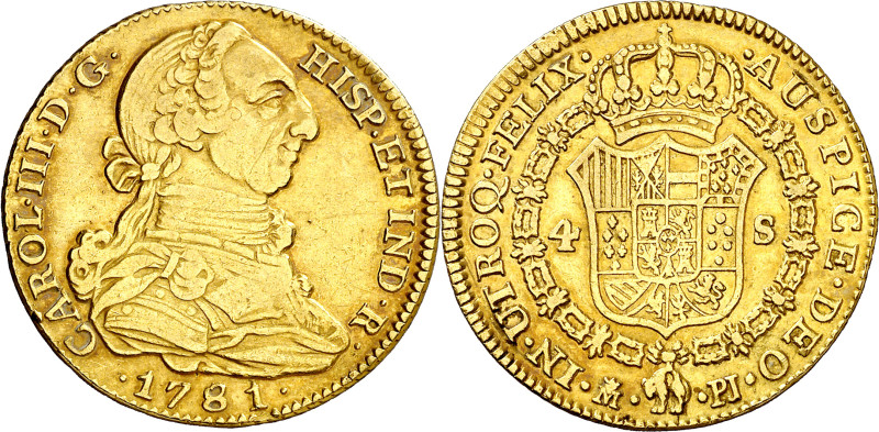 1781. Carlos III. Madrid. PJ. 4 escudos. (AC. 1785). 13,45 g. MBC-.