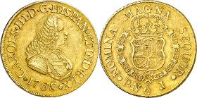 1769/7. Carlos III. Popayán. J. 8 escudos. (AC. 2033) (Cal.Onza 796) (Restrepo 70-13). Busto de Fernando VI. Rara. 26,98 g. MBC+.