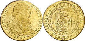 1787. Carlos III. Popayán. SF. 8 escudos. (AC. 2056) (Cal.Onza 823) (Restrepo 73-40a). El 8 de la fecha acuñado dos veces. Pequeña contramarca particu...