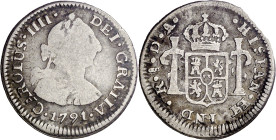 1791. Carlos IV. Santiago. DA. 1/2 real. (AC. 332). Busto de Carlos III. Ordinal IIII. En cápsula de la NGC como VG Details, nº 2887749-003. Colección...