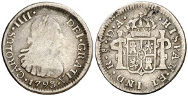 1793. Carlos IV. Santiago. DA. 1/2 real. (AC. 334). En cápsula de la NGC como VG8, nº 2887749-007. Ex Colección Fleming 03/06/2021, nº 159. Colección ...