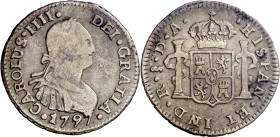 1797. Carlos IV. Santiago. DA. 1/2 real. (AC. 343). En cápsula de la NGC como Fine Details, nº 2887749-014. Colección Val y Mexía. Escasa. Sólo dos ej...