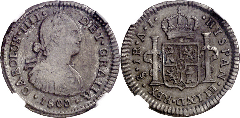 1800. Carlos IV. Santiago. AJ. 1 real. (AC. 519). En cápsula de la NGC como XF40...