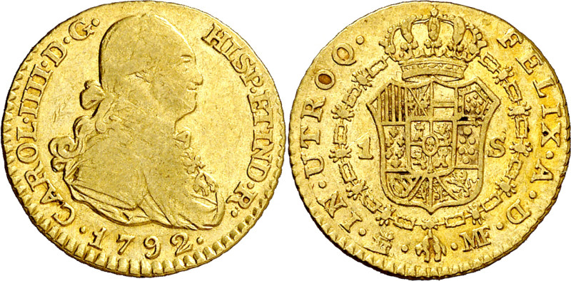 1792. Carlos IV. Madrid. MF. 1 escudo. (AC. 1109). 3,39 g. MBC-/MBC.