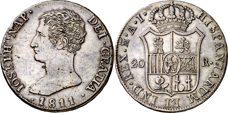 1811. José Napoleón. Madrid. AI. 20 reales. (AC. 39). Águila grande. Peinado reh...