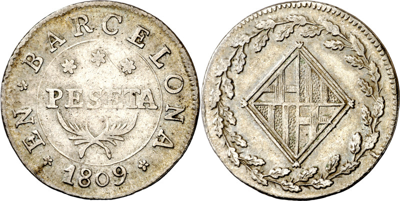 1809. Catalunya Napoleónica. Barcelona. 1 peseta. (AC. 32). 5,61 g. MBC+.