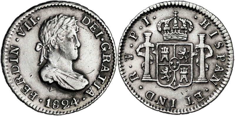 1824. Fernando VII. Potosí. PJ. 1/2 real. (AC. 440). 1,70 g. MBC/MBC+.