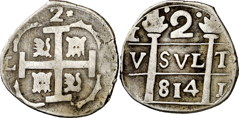 814 (sic). Fernando VII. Caracas. 2 reales. (AC. 752.1). Acuñación republicana. ...