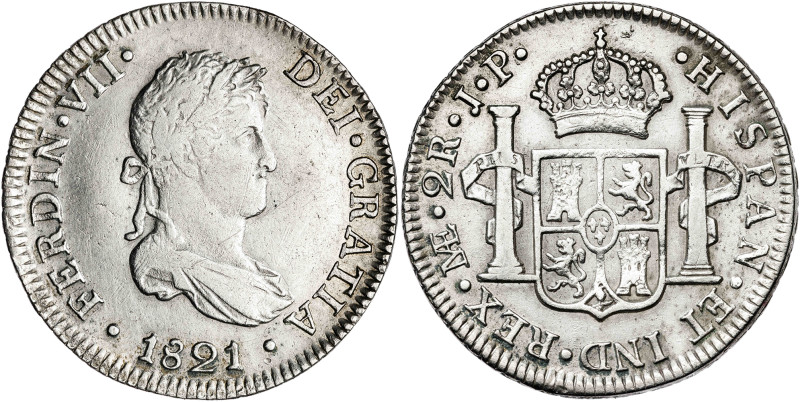 1821 Fernando VII. Lima. JP. 2 reales. (AC. 821). 7 g. MBC-/MBC.