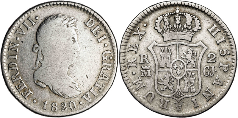 1820. Fernando VII. Madrid. GJ. 2 reales. (AC. 836). 5,55 g. BC-/BC.