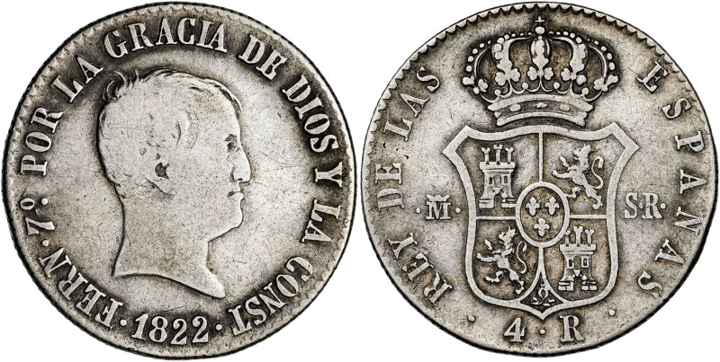 1822. Fernando VII. Madrid. SR. 4 reales. (AC. 851). Tipo 'cabezón'. Escasa. 5,8...