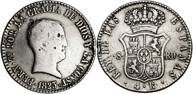 1823. Fernando VII. Sevilla. RD. 4 reales. (AC. 968). Tipo "cabezón". Limpiada. ...