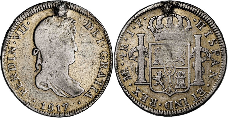 1817. Fernando VII. Lima. JP. 4 reales. (AC. 1071). Agujero tapado. 13,22 g. BC.