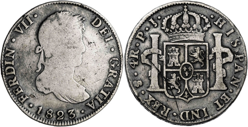 1823. Fernando VII. Potosí. PJ. 4 reales. (AC. 1106). 13,09 g. BC-/BC+.