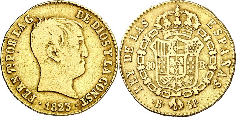 1823. Fernando VII. Barcelona. SP. 80 reales. (AC. 1574). Tipo "cabezón". 6,60 g...