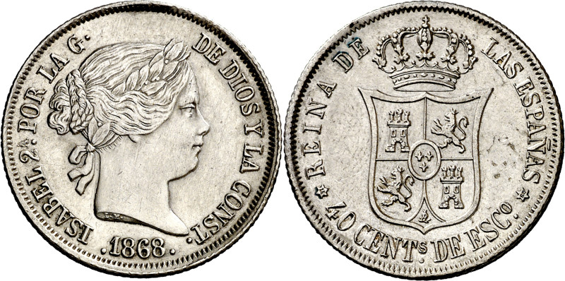 1868*1868. Isabel II. Madrid. 40 céntimos de escudo. (AC. 503). Rayitas por limp...