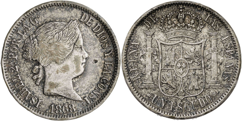 1868*--68. Isabel II. Madrid. 1 escudo. (Barrera 829). Falsa de época en latón p...