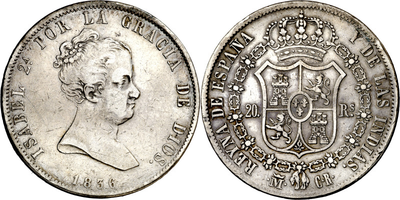 1836. Isabel II. Madrid. CR. 20 reales. (AC. 580). Rara. 26,91 g. BC+/MBC-.