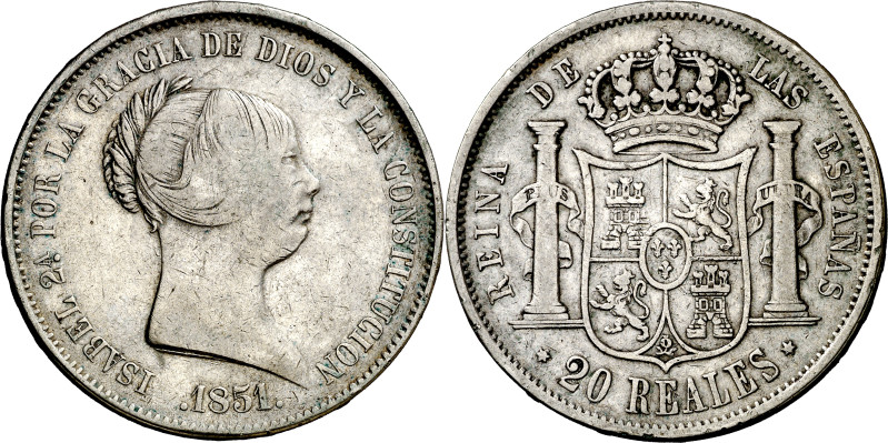 1851. Isabel II. Madrid. 20 reales. (AC. 593). 25,94 g. BC+/MBC-.