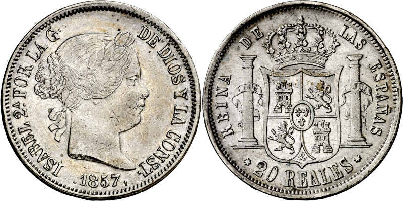 1857. Isabel II. Sevilla. 20 reales. (AC. 634). 25,86 g. MBC/MBC+.