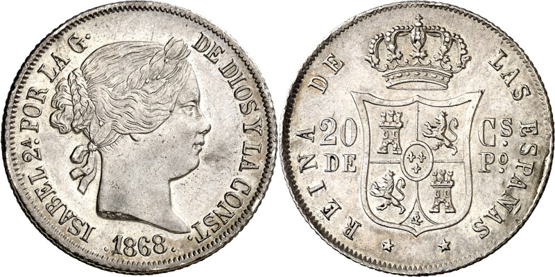 1868. Isabel II. Manila. 20 centavos. (AC. 661). Encapsulada. Escasa así. 5,17 g...